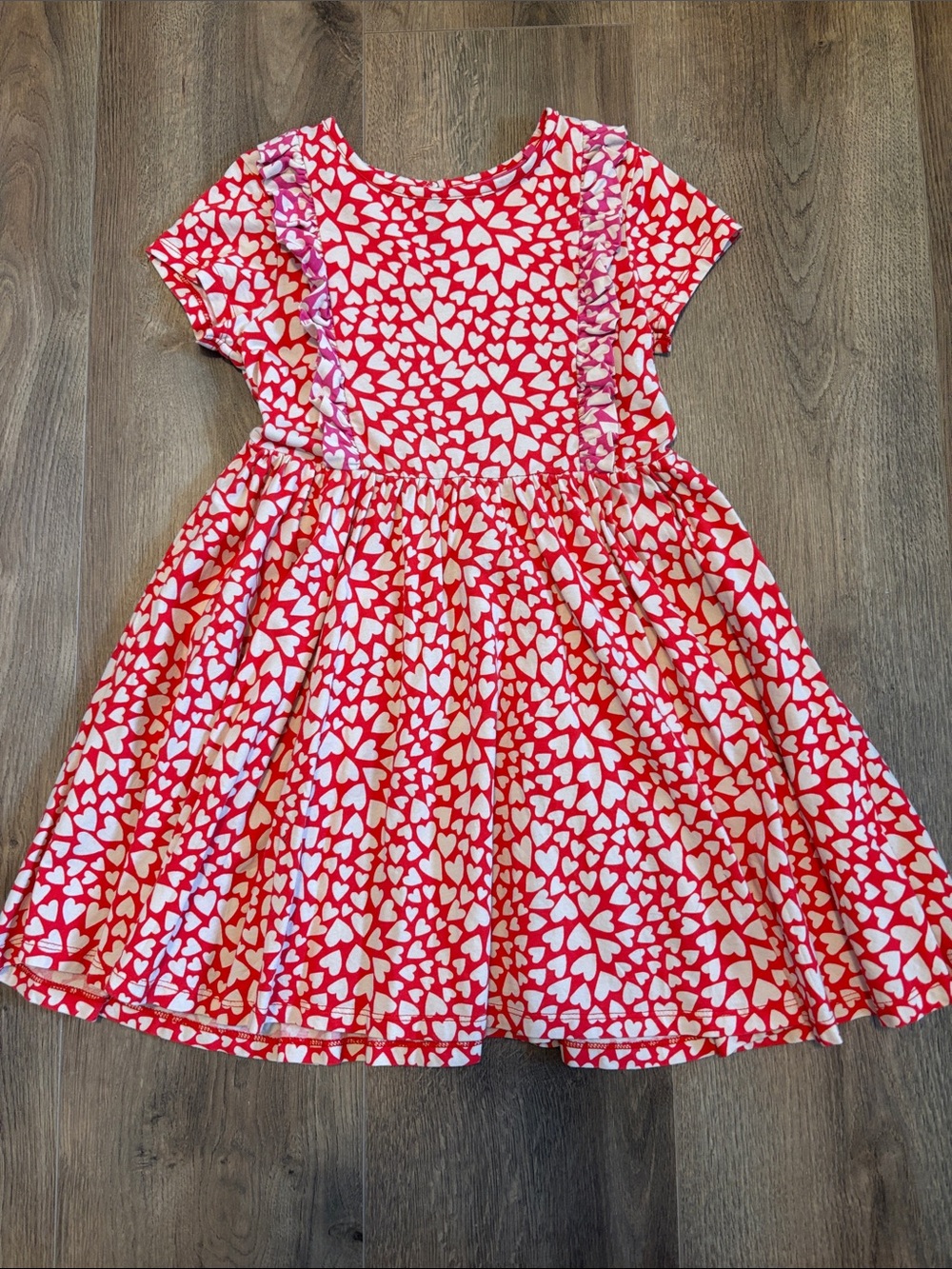 Mini Boden Girls' Red Heart-Print Short Sleeve Twirl Dress